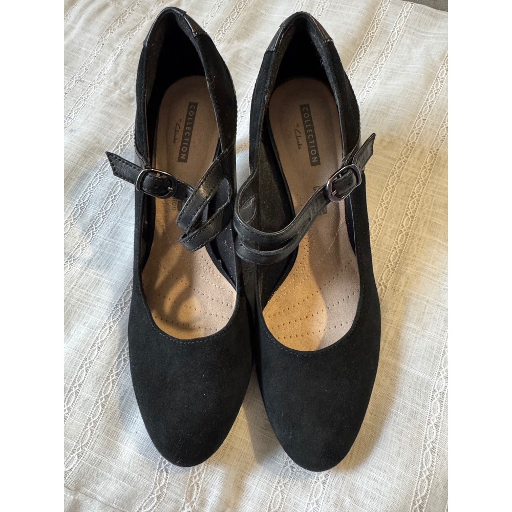 Clarks Collection Women Black Suede Leather Mary Jane Heels Size 8M new‎